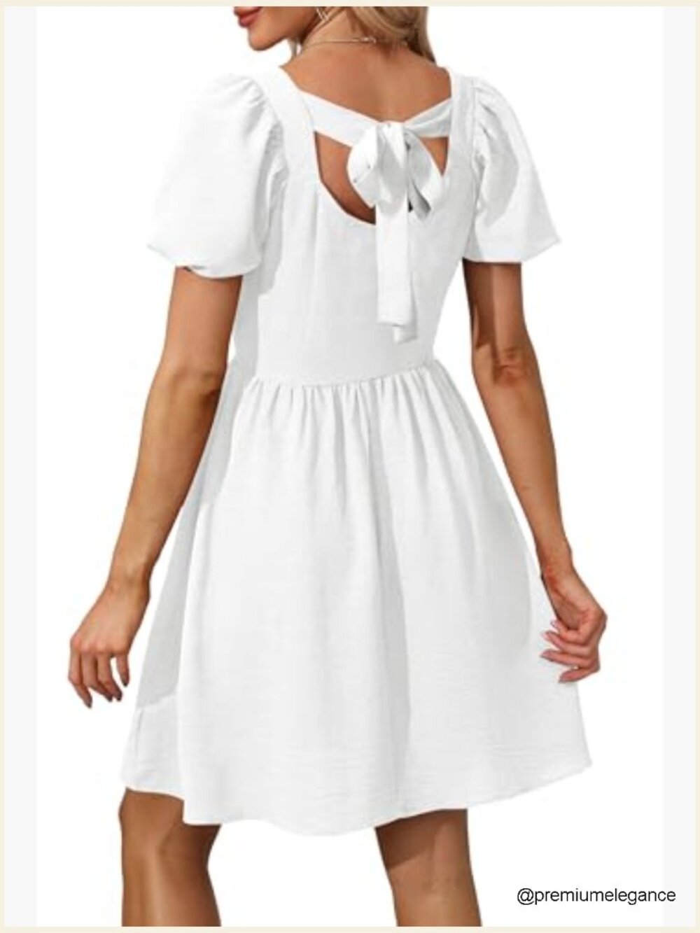 Puff Sleeve Square Neck Tie Back Dress with Zipper Casual A-Line - Picture 5 of 7